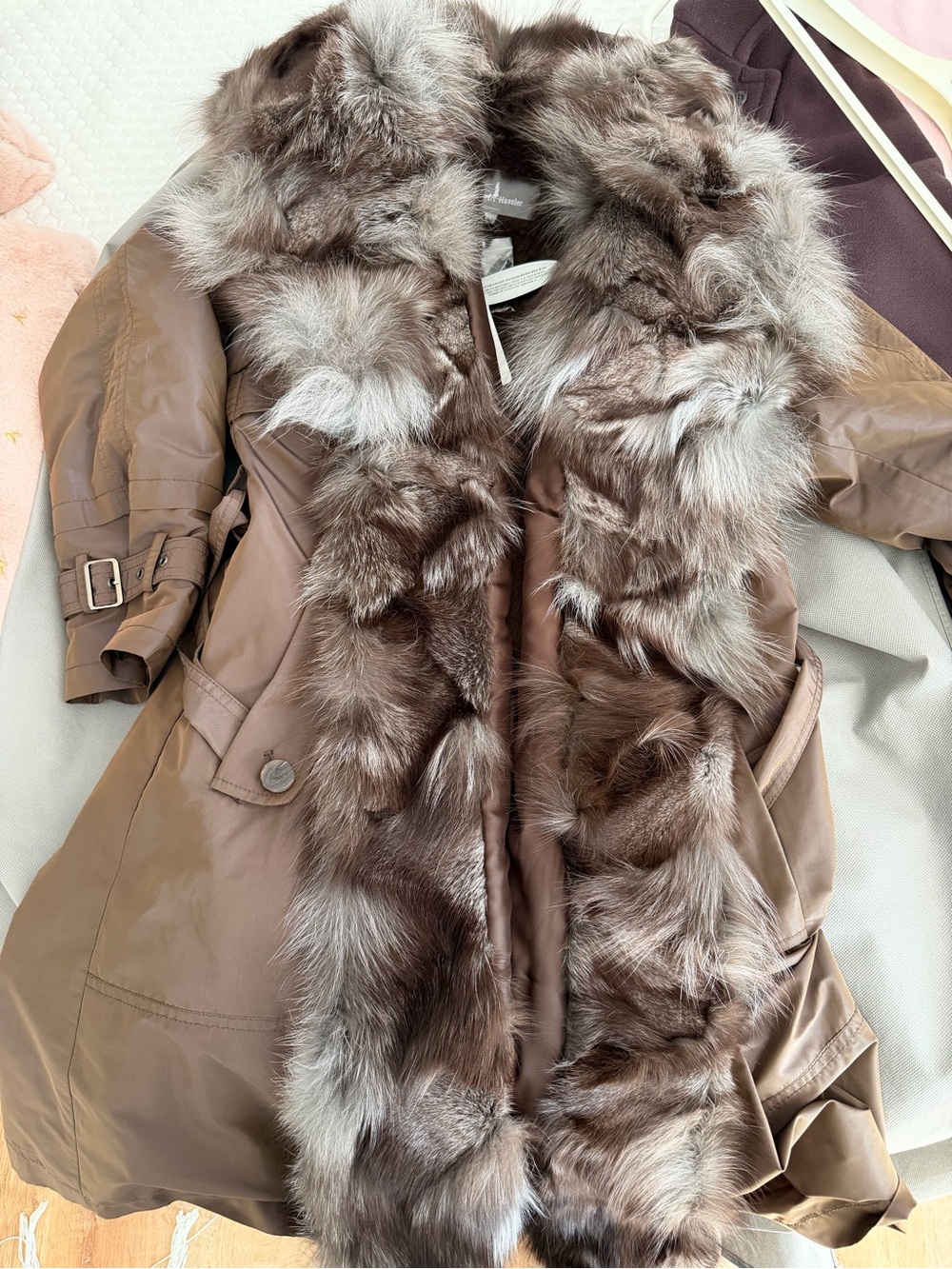 Women’s Taupe Trench Coat with Faux Fur Trim